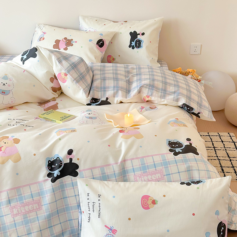 100%全棉四件套小清新碎花卡通四季款纯棉学生宿舍三件套床上用品