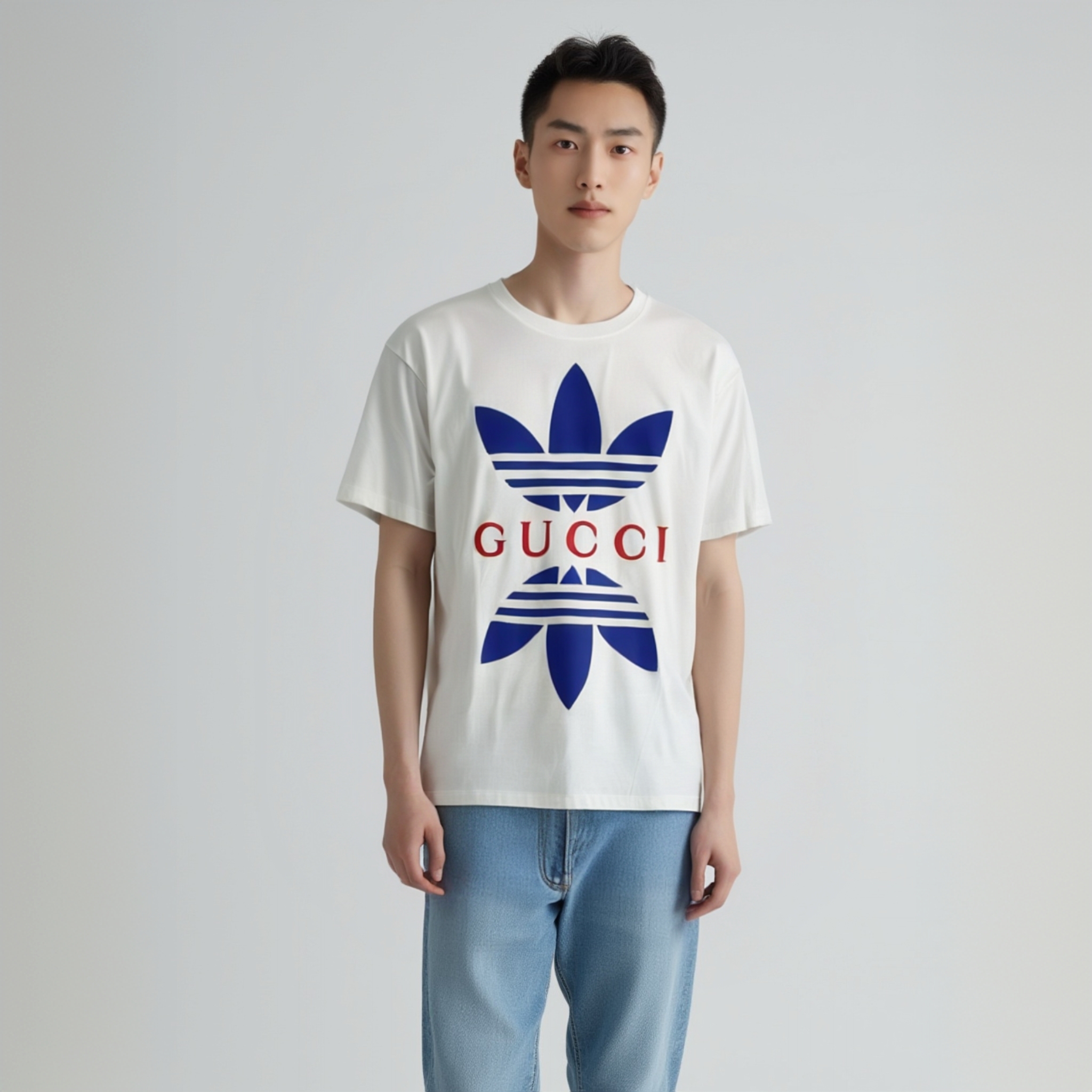 未使用 GUCCI/古驰 MXCC三叶草联名款蓝色logo圆领短袖 白色 XS-S