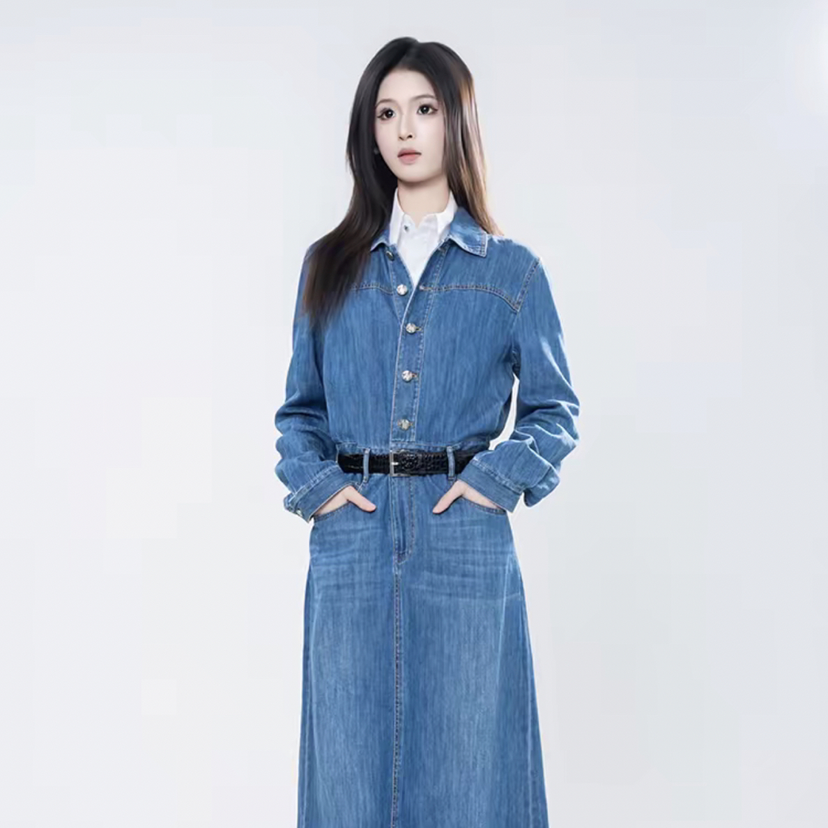 AMASS/阿玛施550043 早秋新款时尚简约优雅松弛感牛仔长款连衣裙