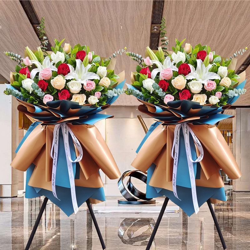 【百年企业】百合混搭颜色玫瑰开业花篮（1对）-唯爱鲜花