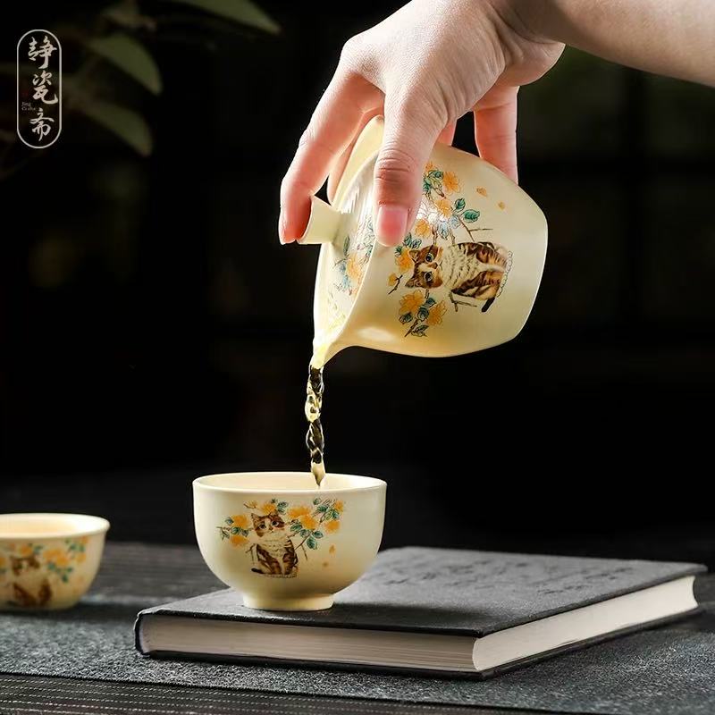 QD235-黄汝桂花猫萌猫旅行茶具高端品质