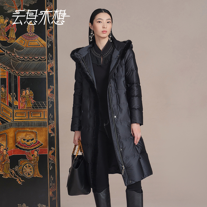 Ysimo-X云思木想 螺钿漆舞 长款加厚连帽珠绣贝壳装饰鹅绒服13394