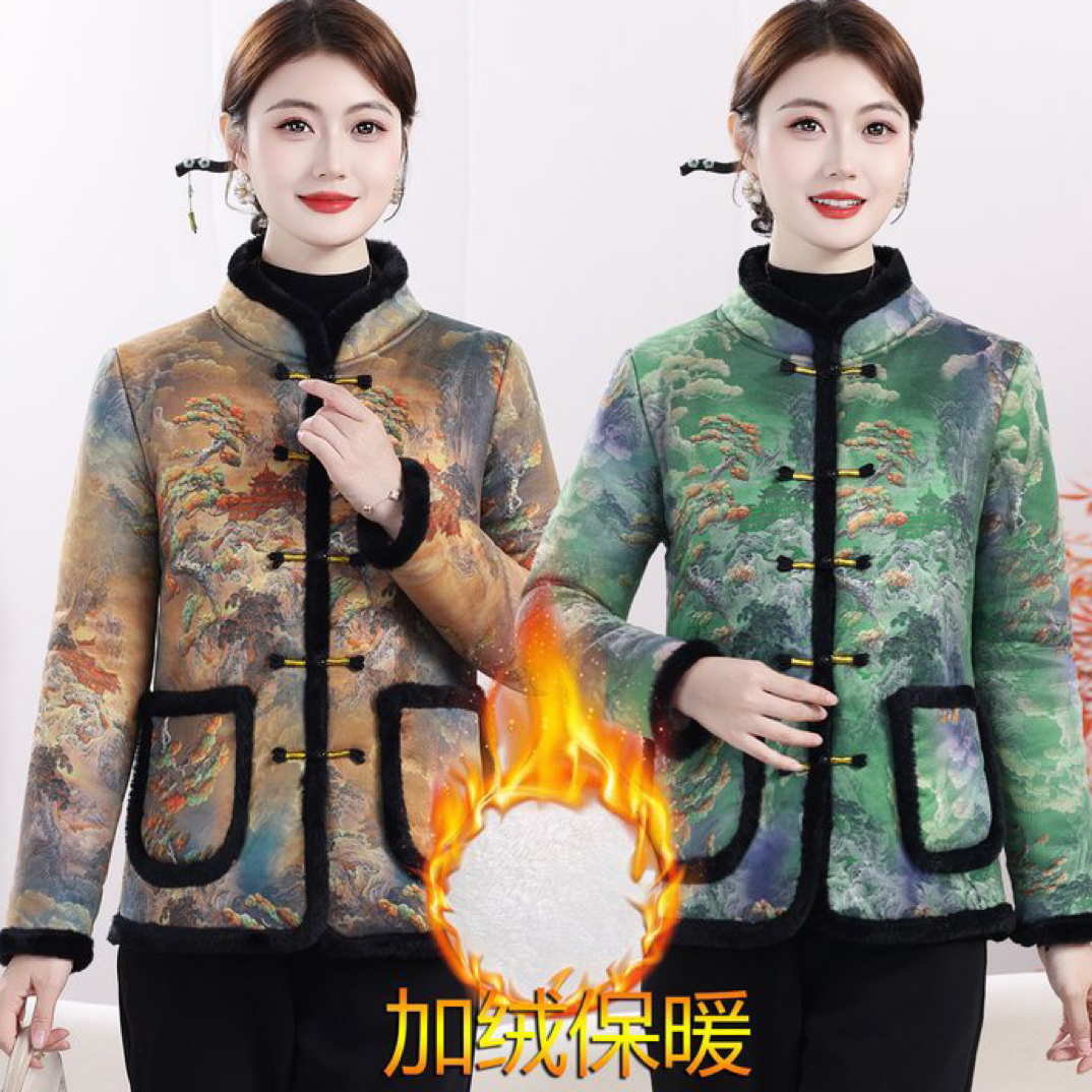 秋冬新款加绒加厚带毛边棉衣妈妈装上衣绿色山水画复古女装外套