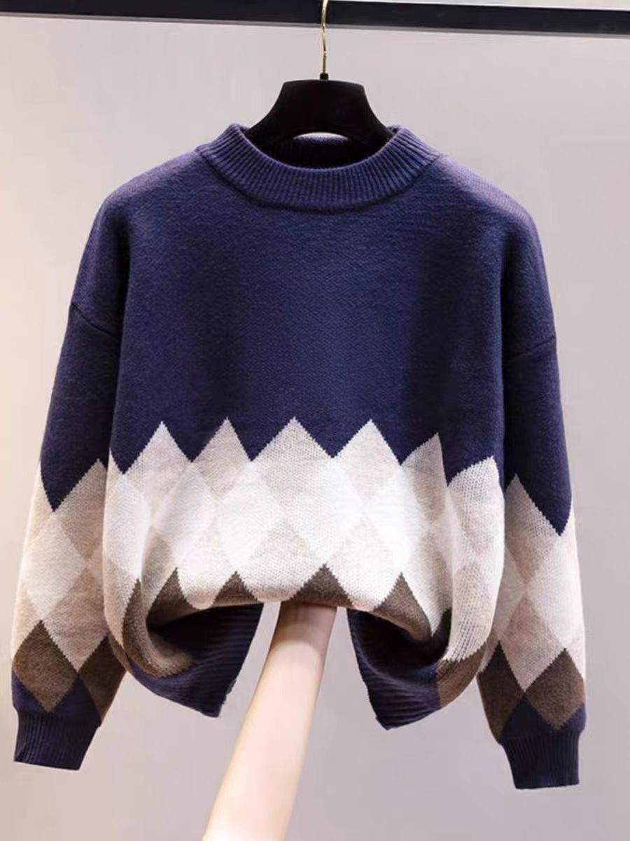 【菱形】2025秋冬新款圆领打底衫女爆款高级感毛衣拼色上衣针织衫