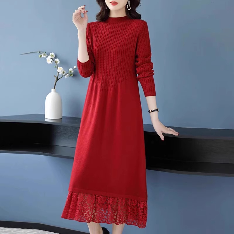 秋冬装纯色针织衫女长款过膝毛衣裙内搭宽松针织拼接蕾丝连衣裙子