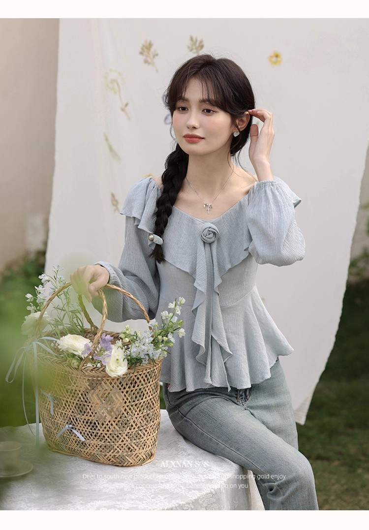 鹿向南「粉丝福利」法式蓝色衬衫女夏衬衣小个子长袖上衣