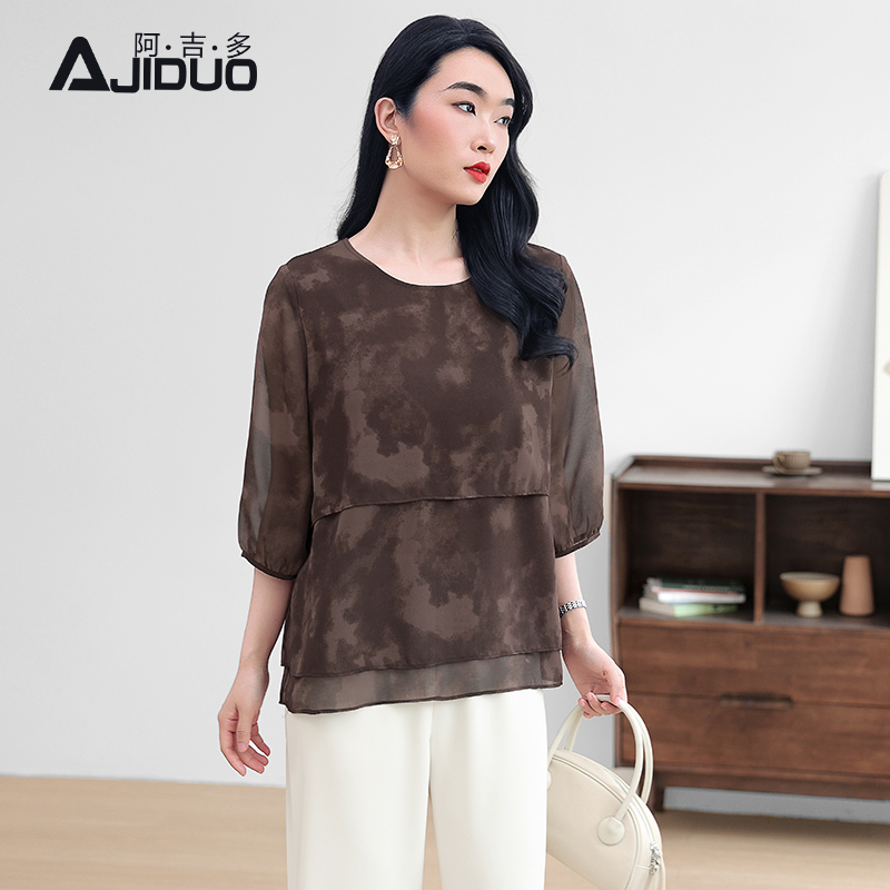 阿吉多七分袖雪纺上衣女春季新款圆领大码拼接遮肚子显瘦洋气小衫