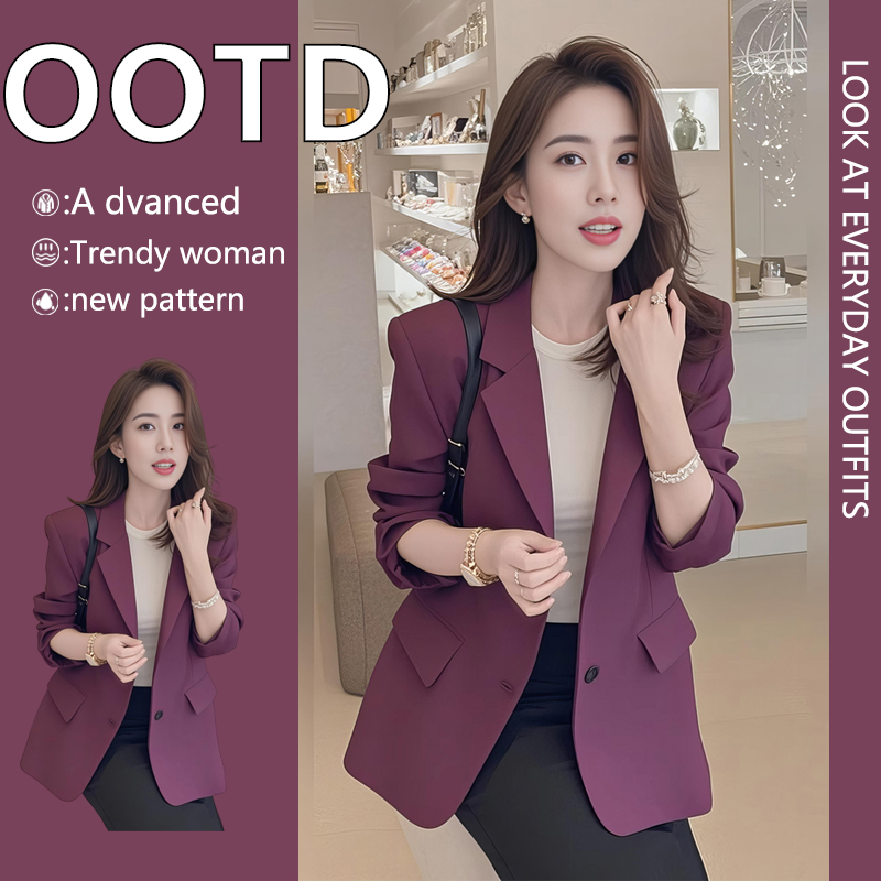 韩系chic别致小香风高级感梅子色西装外套女2025年早秋新款小个子