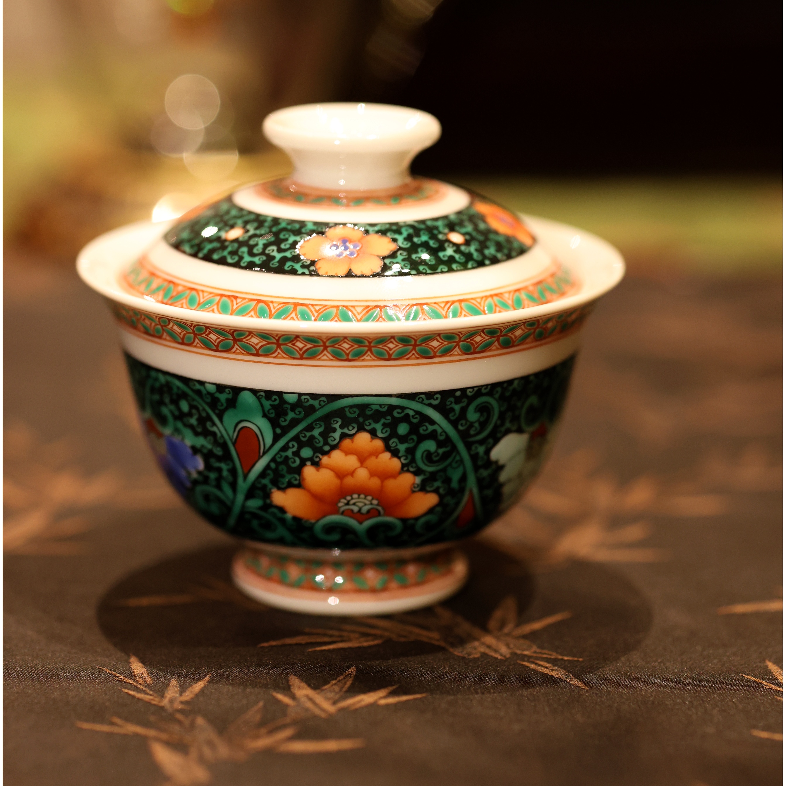 古阅和风·黑地缠枝盖碗景德镇陶瓷纯手工手绘茶具茶器
