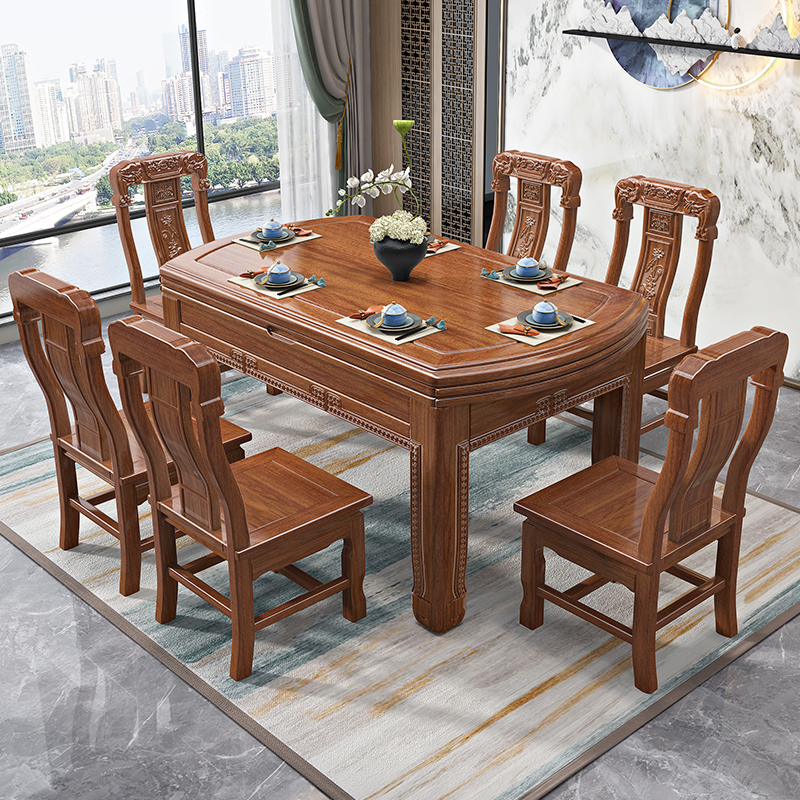全实木胡桃木餐桌可伸缩新中式家用餐桌椅加凳子包邮包安装圆桌