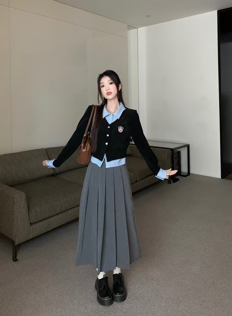 5946学院风秋季新款设计感小众POLO领百搭韩系假两件衬衫女+半裙