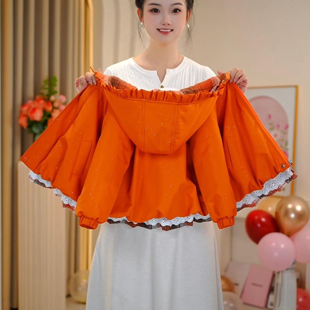 【佳琪妈】极寒系列女童橙色圣诞小甜果蕾丝花边连帽棉服--7200#