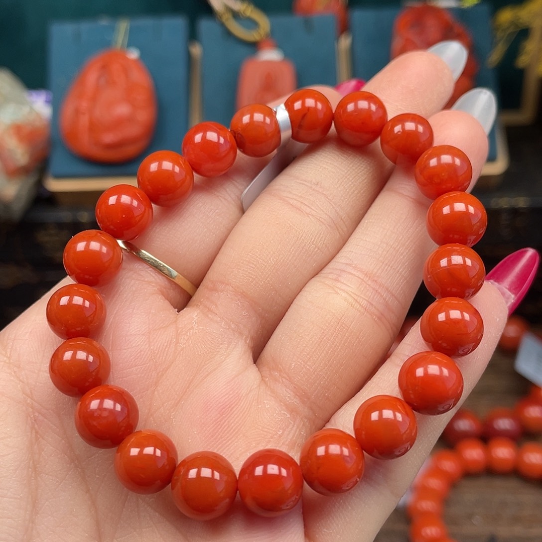 南红玛瑙未镶嵌手串瓦西满肉柿子红卡9mm+