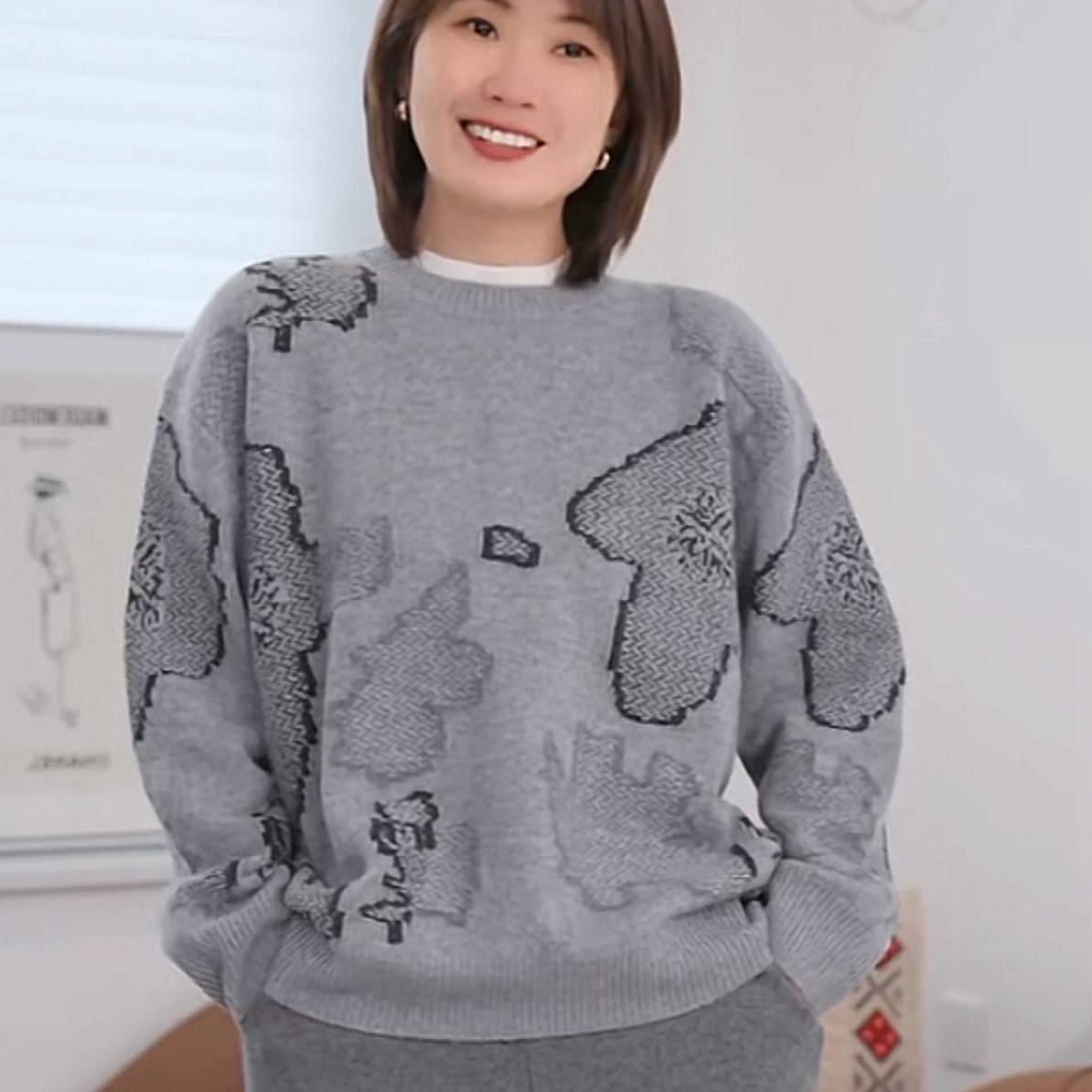 水墨画 纯山羊绒提花圆领套头毛衣