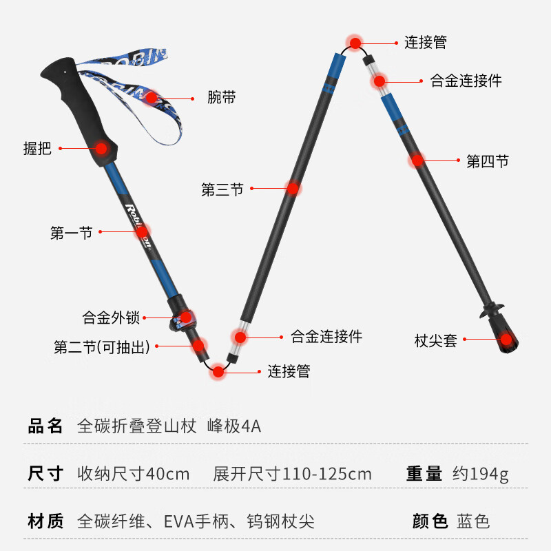 升级新款鲁滨逊3K碳素纤维登山杖超轻折叠3.0徒步爬山多功能专业
