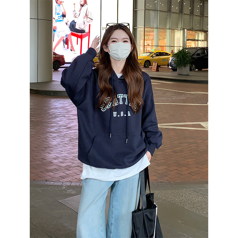 秋季藏青色宽松连帽美式卫衣女款春秋2024新款爆款小个子上衣