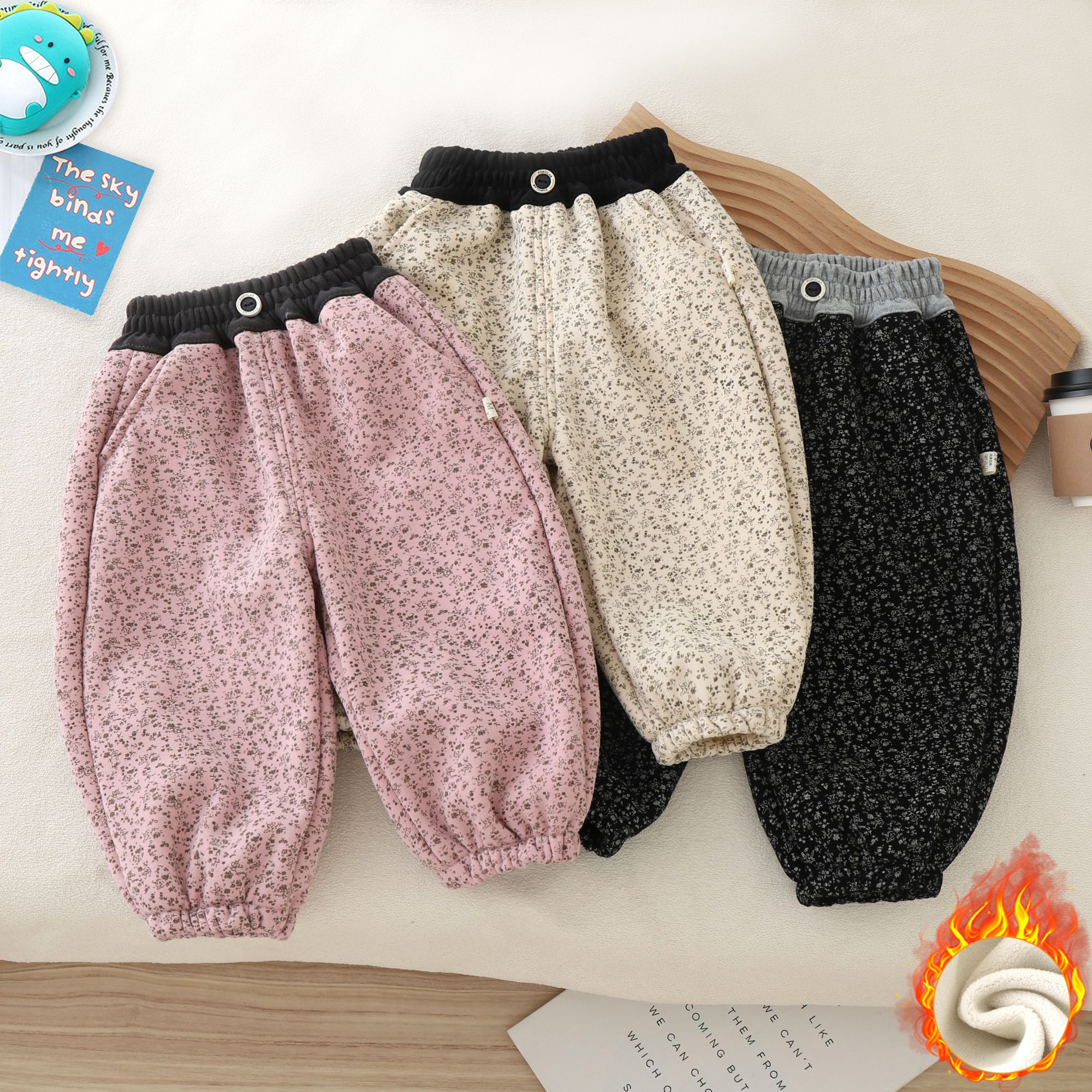 儿童加绒加厚秋冬新款碎花休闲裤女宝百搭时尚洋气韩版加绒花裤子