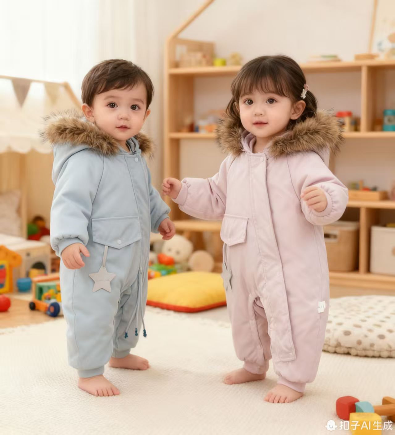 婴幼儿可爱宝宝休闲百搭款式外出精灵帽斜开棉哈衣