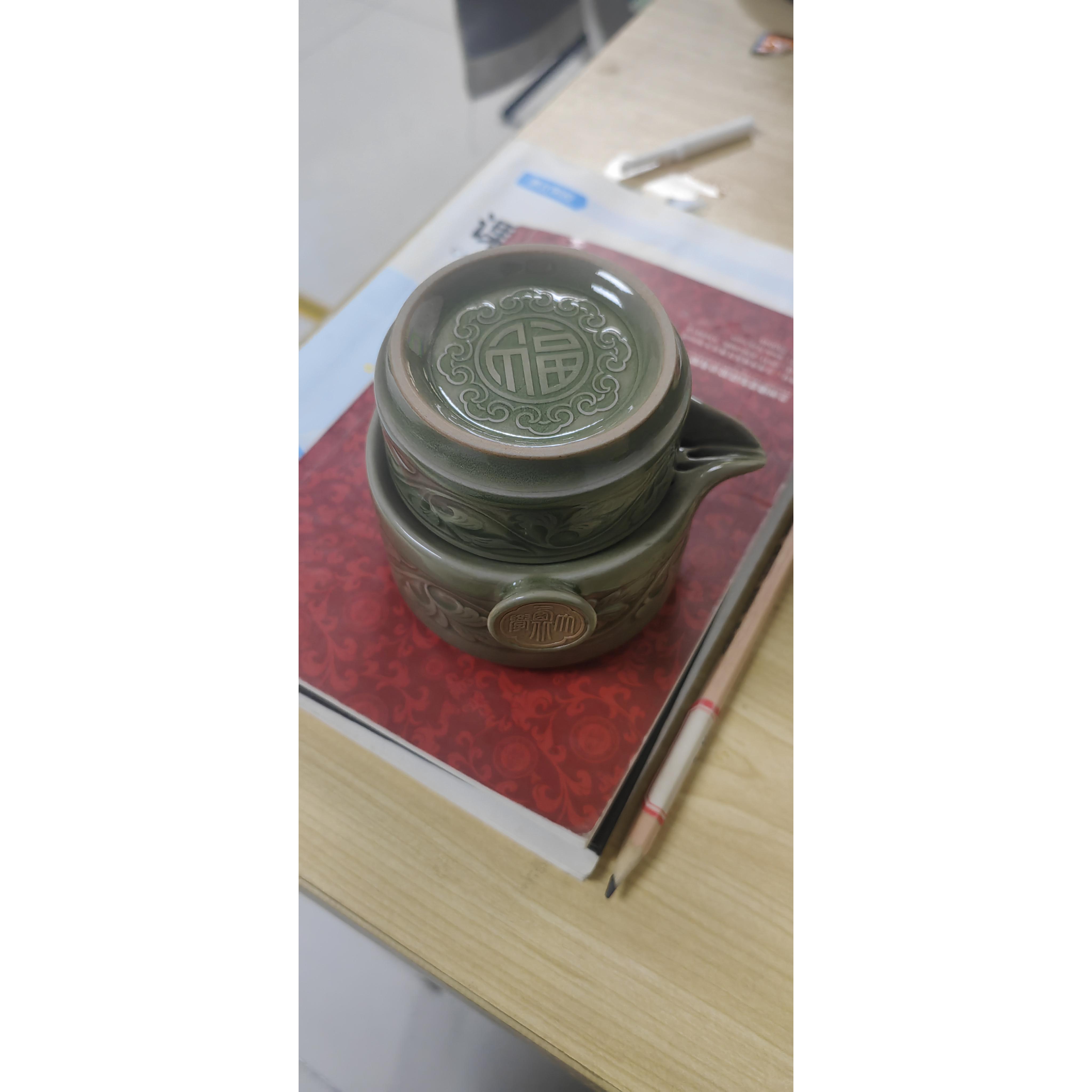 耀州瓷非遗浮雕刻花陶瓷功夫茶具150CC茶盘家用防烫自动冲茶神器