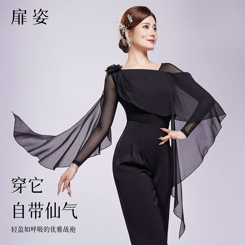 扉姿 摩登舞服女新款专业国标舞服装练功服秋季长袖跳舞上衣F1334