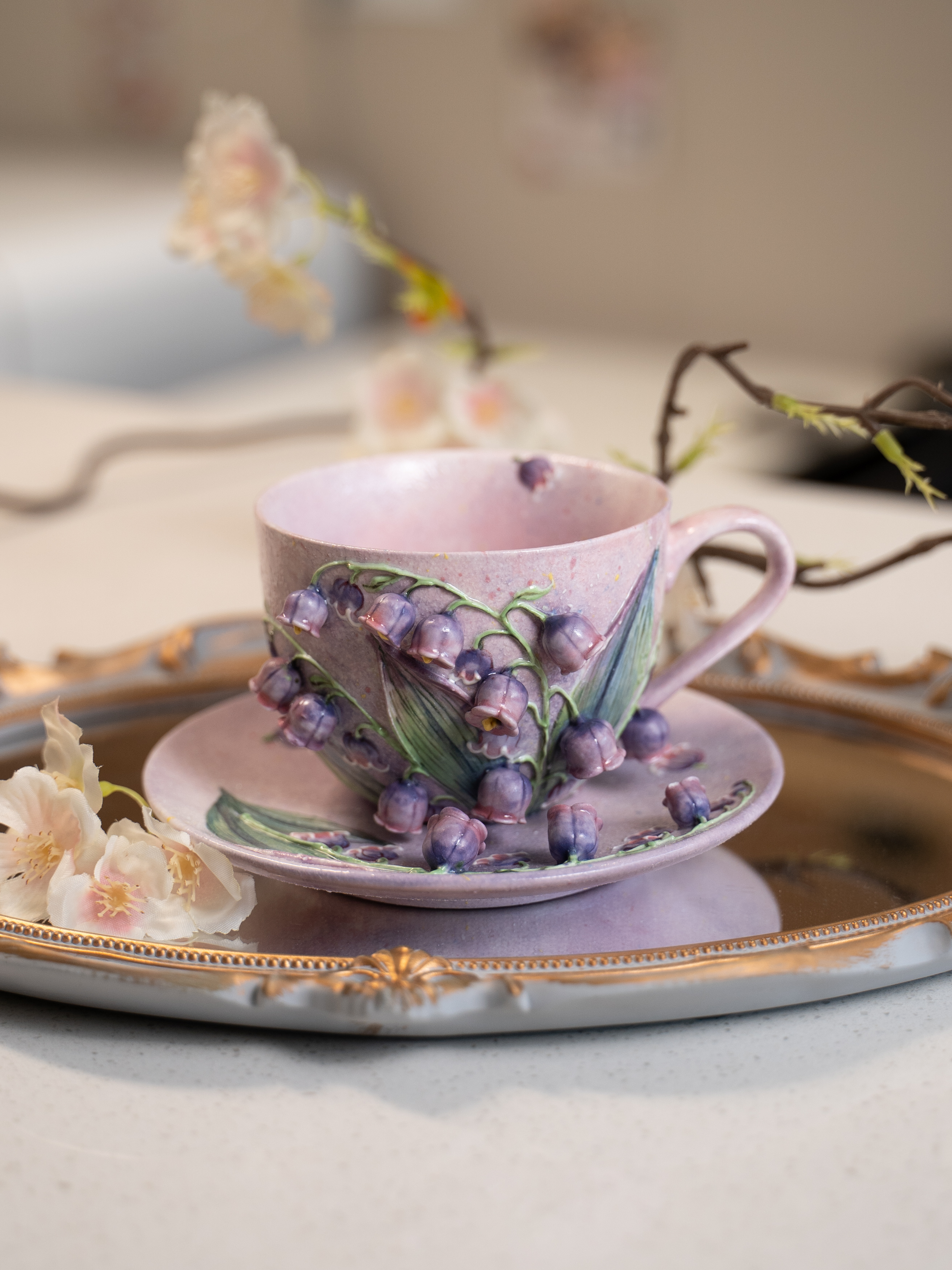 阿瑶 | 满绘星空紫铃兰小花手绘陶瓷马克杯碟