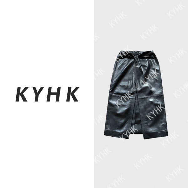KYHK复古前开衩黑色绵羊皮半身裙240553