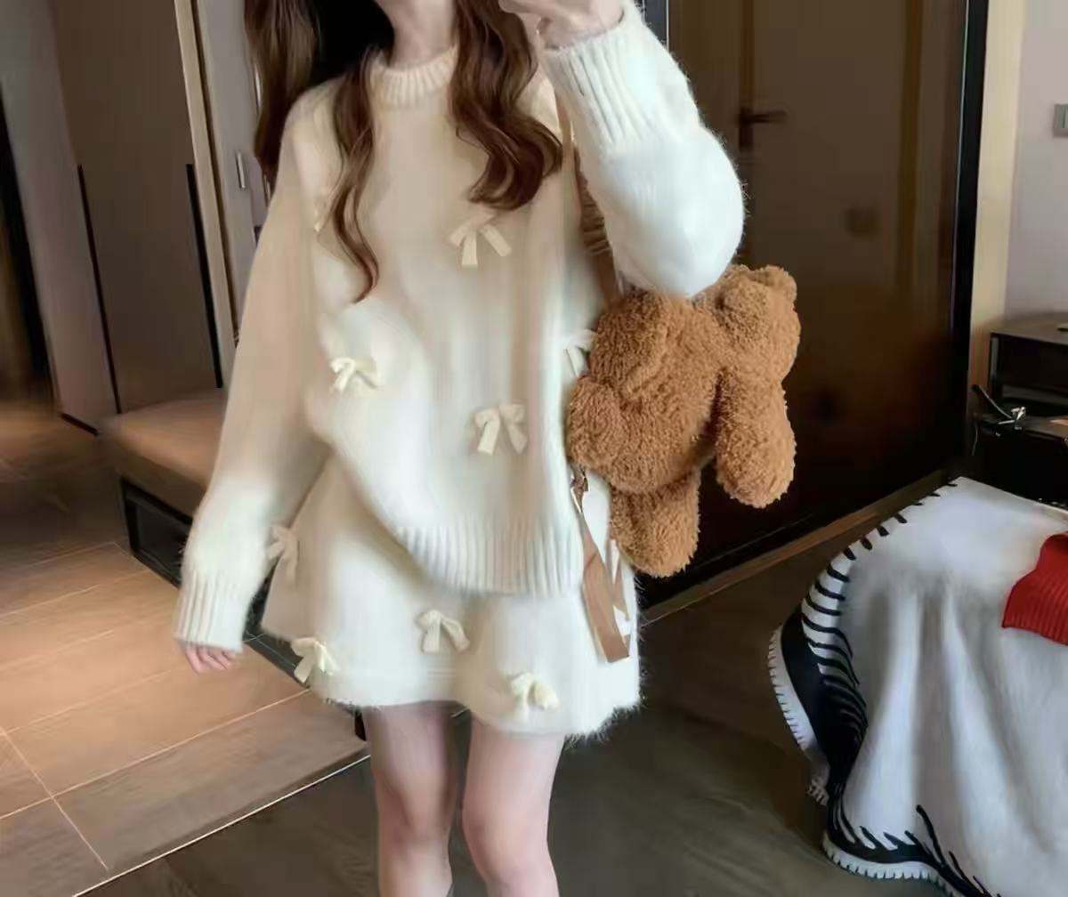 888大码女装蝴蝶结针织短裙两件套