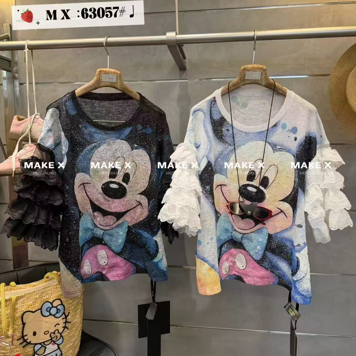 【K88】夏季新款重工亮片米奇花边韩版宽松显瘦百搭时尚洋气短袖