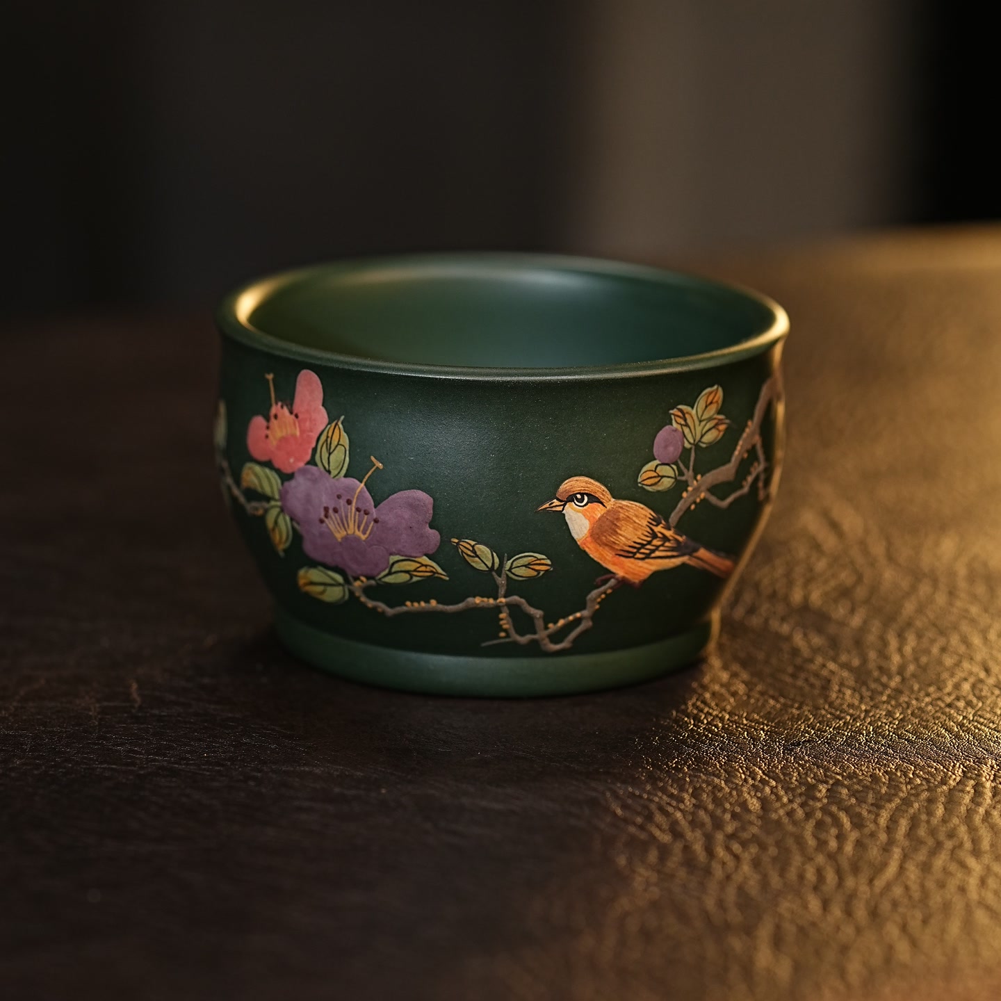 宜兴紫砂茶具 原矿绿泥泥料堆绘喜上眉梢主人杯品茗杯