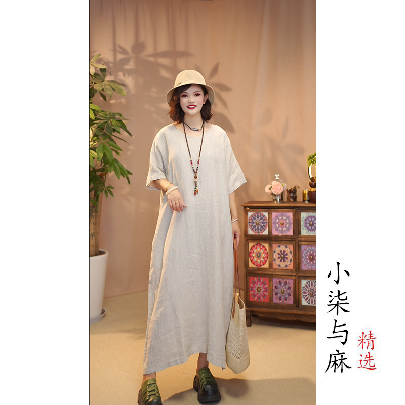 【小柒与麻】100%干洗汉麻V字领净版轻奢风裙袍（衣长118胸围128）