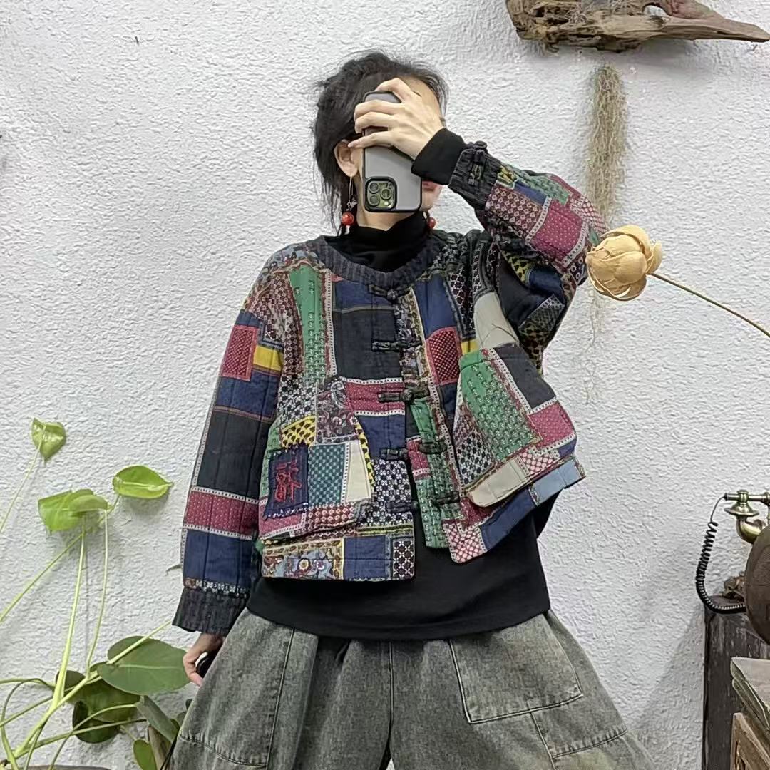 110023百家布夹棉盘扣口袋绣福袖口拼老布棉袄外套（前50胸围135