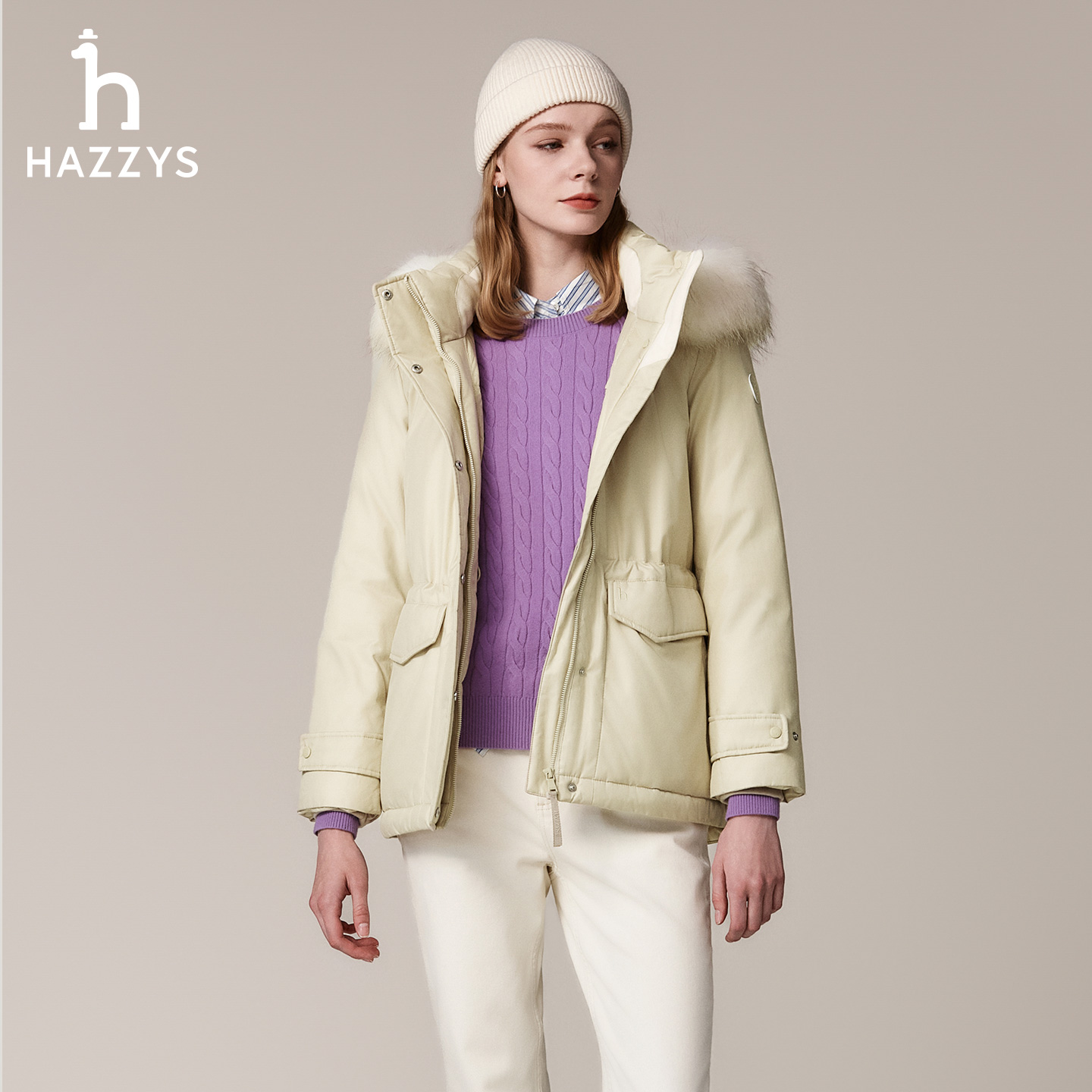 HAZZYS哈吉斯女士冬季加厚保暖连帽毛领羽绒服时尚百搭休闲外套