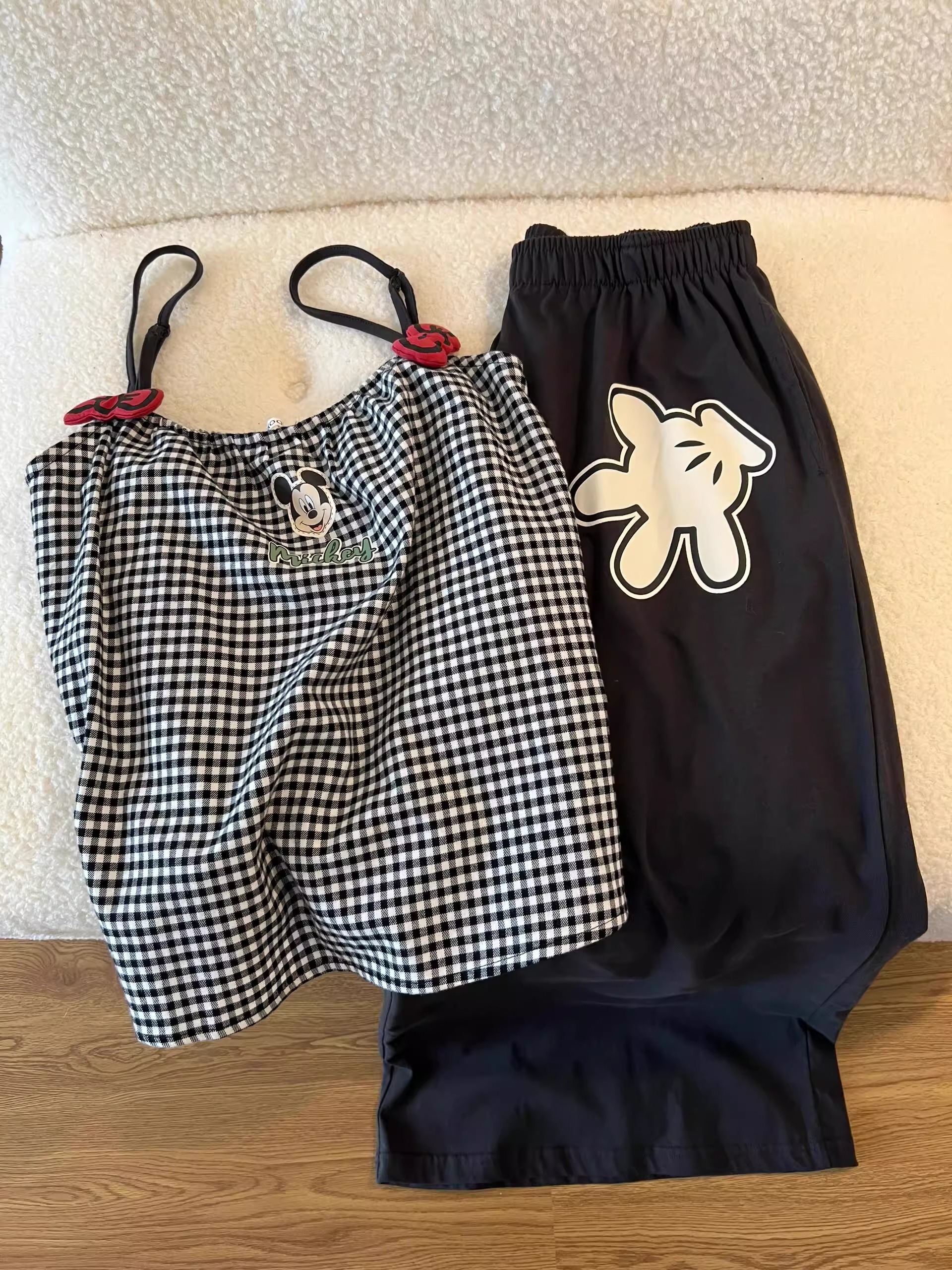 【DMXJ大梦想家】韩版米奇格子睡衣女夏季款慵懒宽松长裤家居服套装