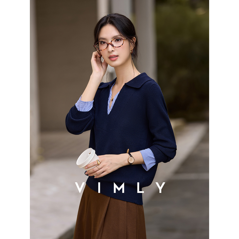 梵希蔓藏青色假两件翻领针织衫女秋季v领拼条纹长袖上衣75253