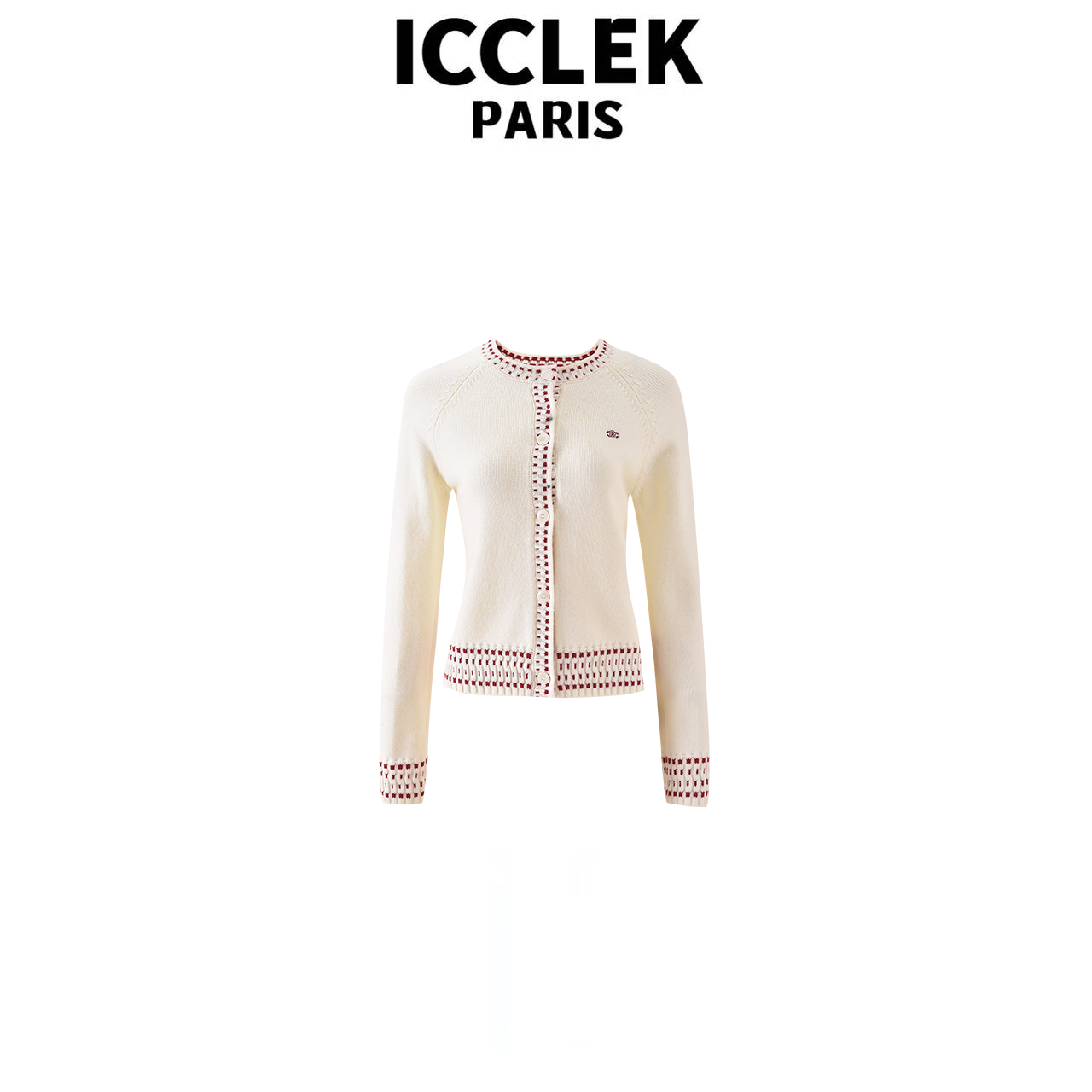 ICCLEK 白色圆领针织衫气质轻奢名媛秋冬百搭简约开衫  - 9008