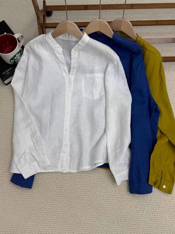 25款新款秋季日系V领纯色亚麻长袖衬衫女宽松休闲衬衣时尚百搭