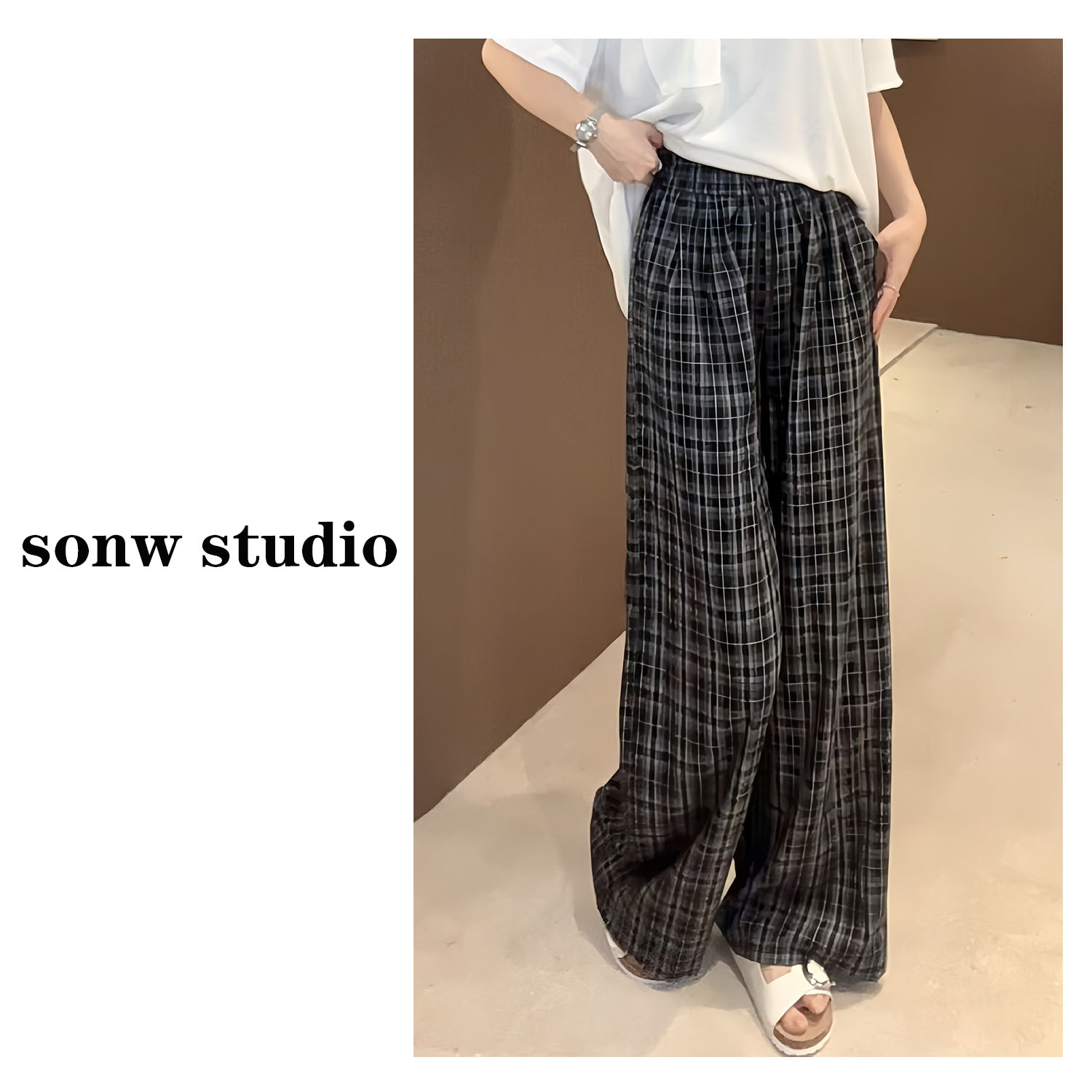 【格子裤】复古夏季薄款高腰松紧宽松阔腿裤女