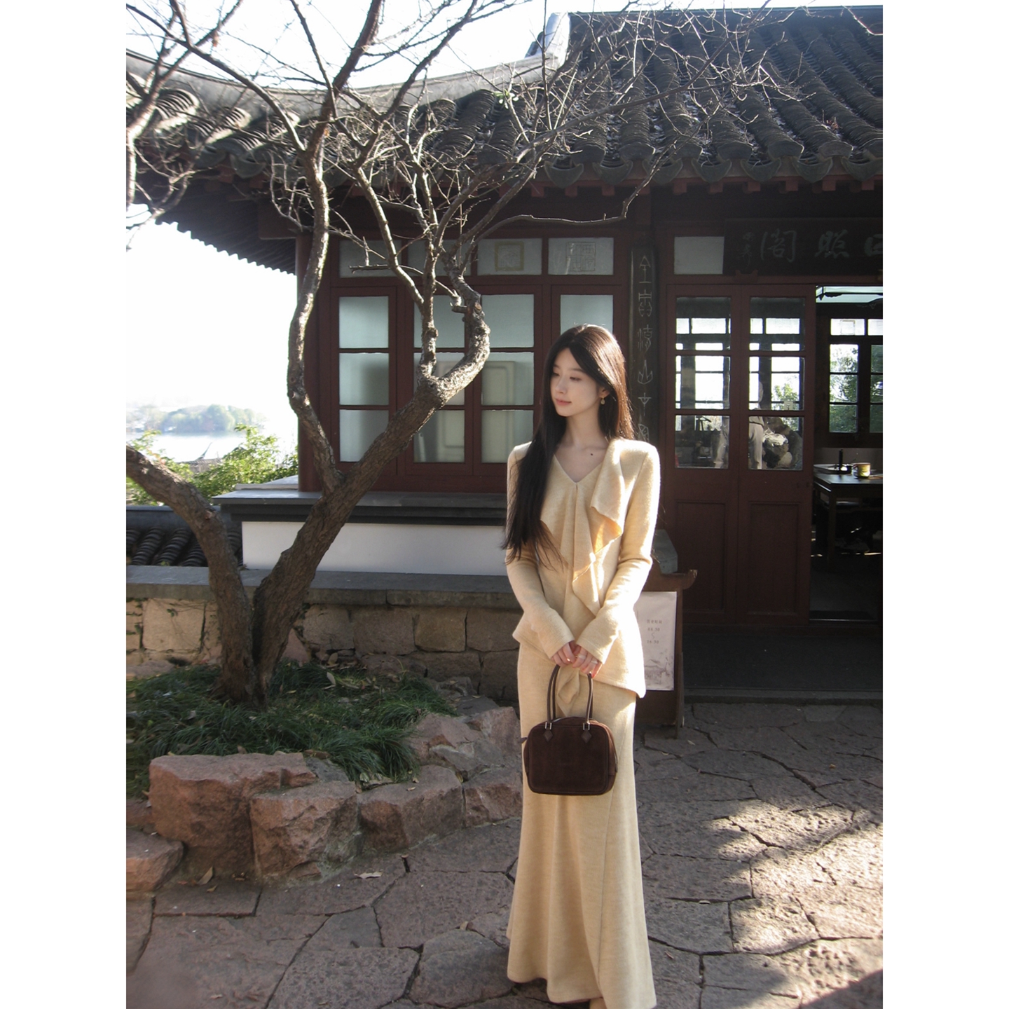 W51【暖调邂逅】冬季休闲风粉橘色温柔风精致百搭荷叶边套装秋冬