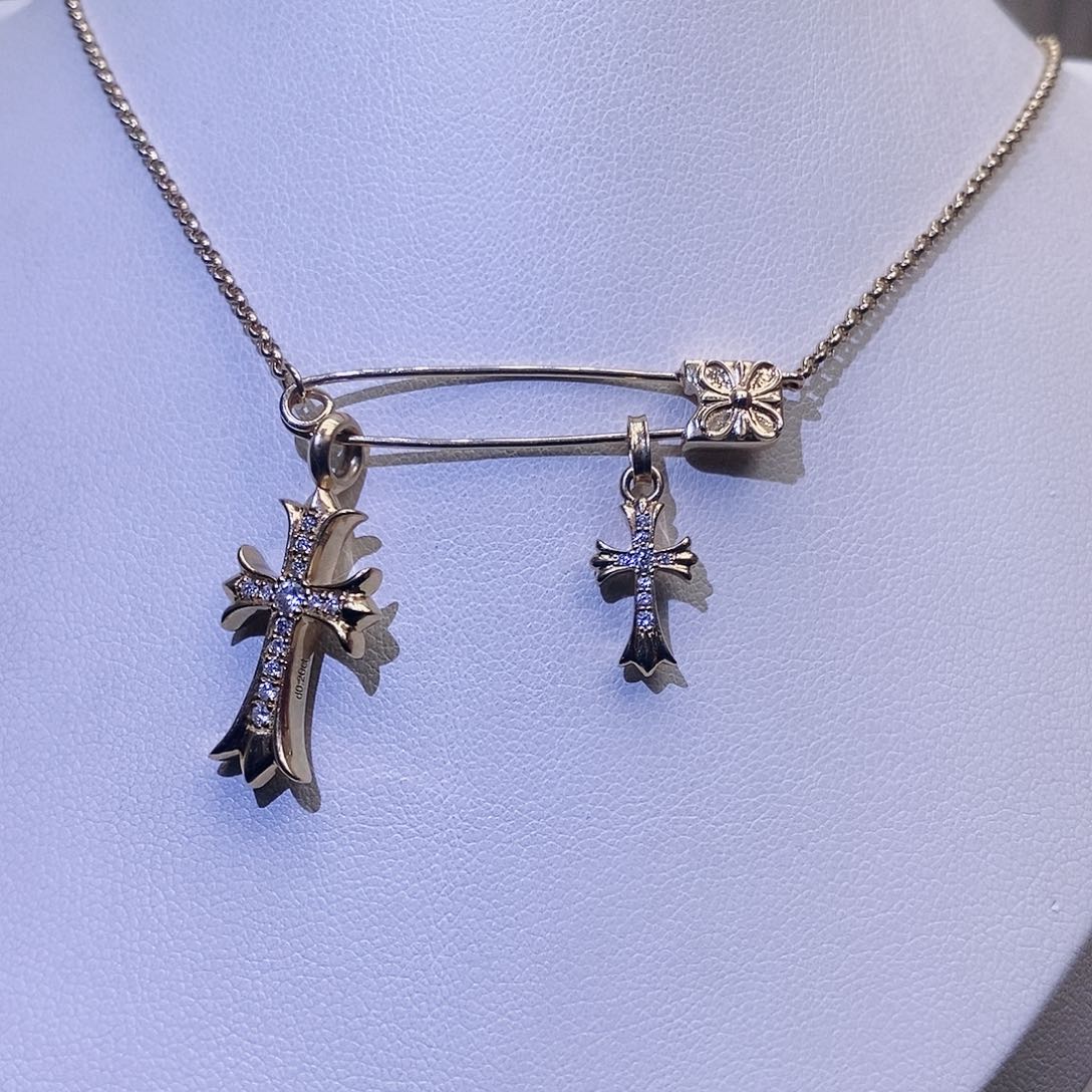 钻石颈饰18K金镶嵌别针十字架项链k黄