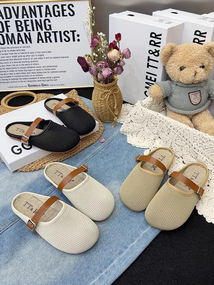 纯色包头漆皮休闲舒适平底包头拖半拖透气高质感穿搭