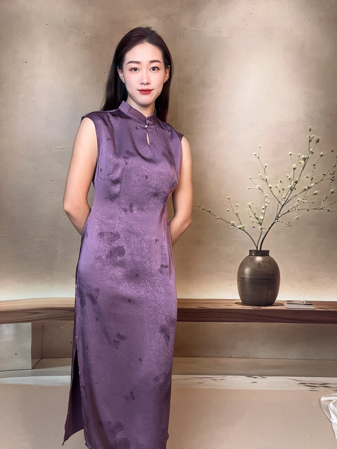 2025春夏绝美气质修身紫色缎面改良旗袍女蝴蝶收腰