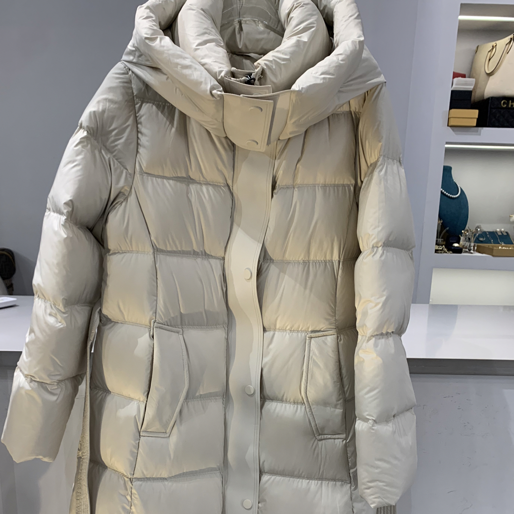超轻腰带长款连帽鹅绒服外套