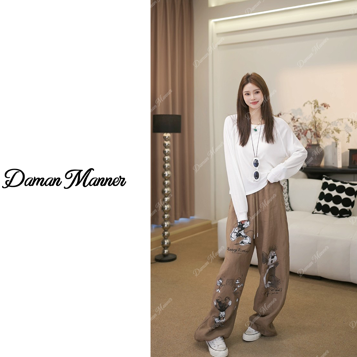 DAMAN | 亚麻夏季新款百搭显瘦休闲米奇印花阔腿裤DM26249