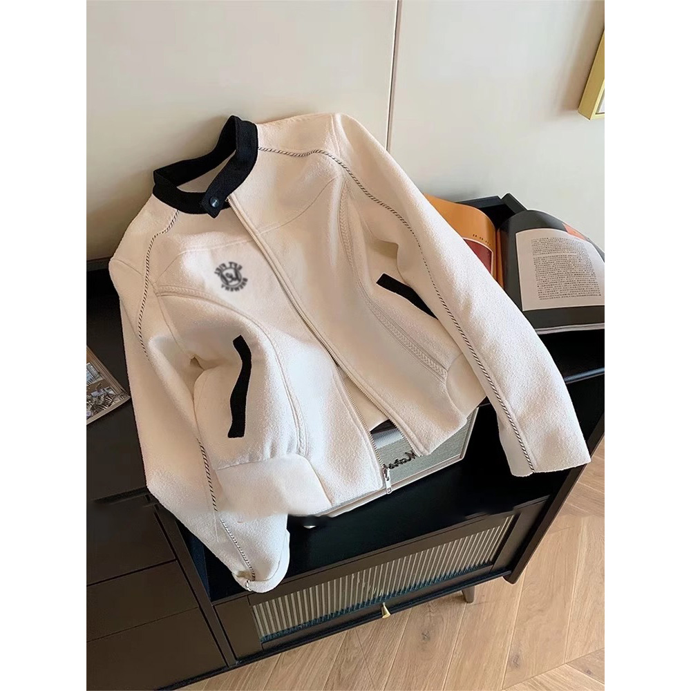 美式白色刺绣立领毛呢棒球服外套女春秋季显瘦高级感气质短款上衣