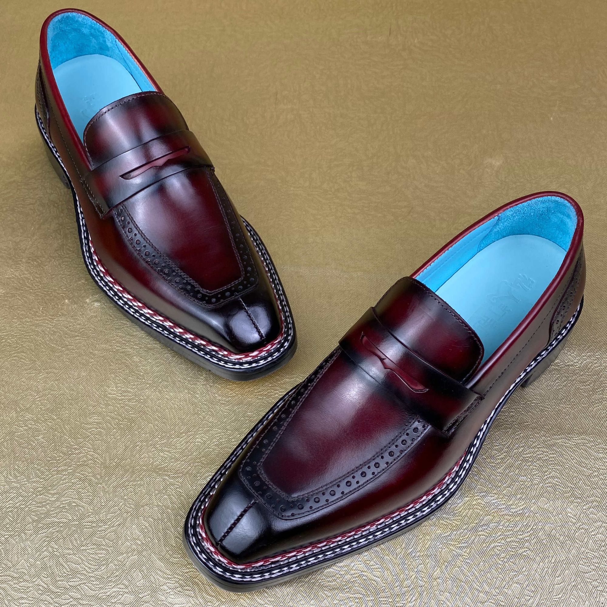 进口马臀皮一脚蹬挪威缝擦色红纯手工固特异男士高端鞋乐福鞋