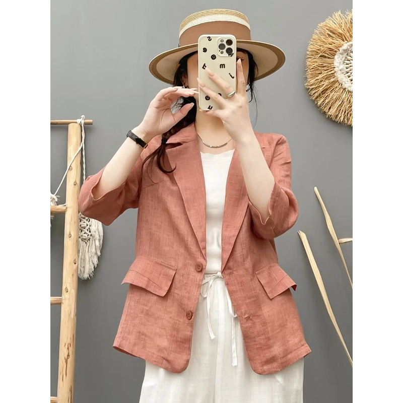 纯苎麻西装满天星提花暗纹七分袖小西装夏季搭配外套SM 2551