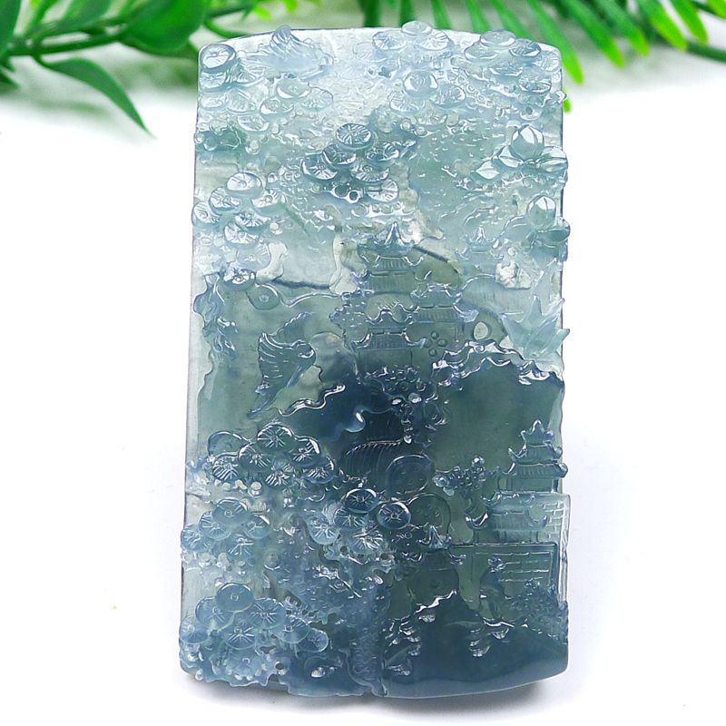 天然A货翡翠冰种蓝透牙签工山水牌吊坠财水常流尺寸75-44-6.8mm