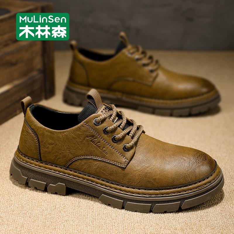 木林森皮鞋男款2025新款复古商务英伦休闲男鞋夏季低帮工装马丁靴