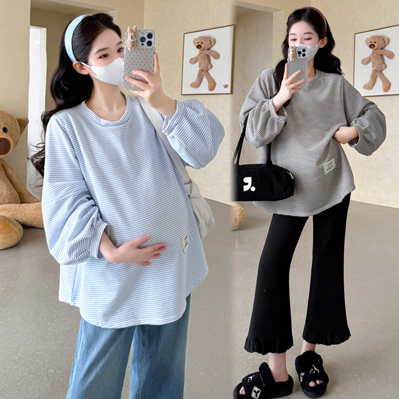 孕妇装秋装卫衣2025新款春秋冬季长袖条纹T恤上衣宽松打底中长款