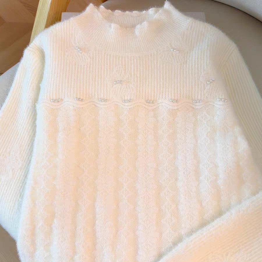 秋冬钉珠加厚蕾丝打底衫半高领冬季洋气时尚百搭宽松套头针织毛衣